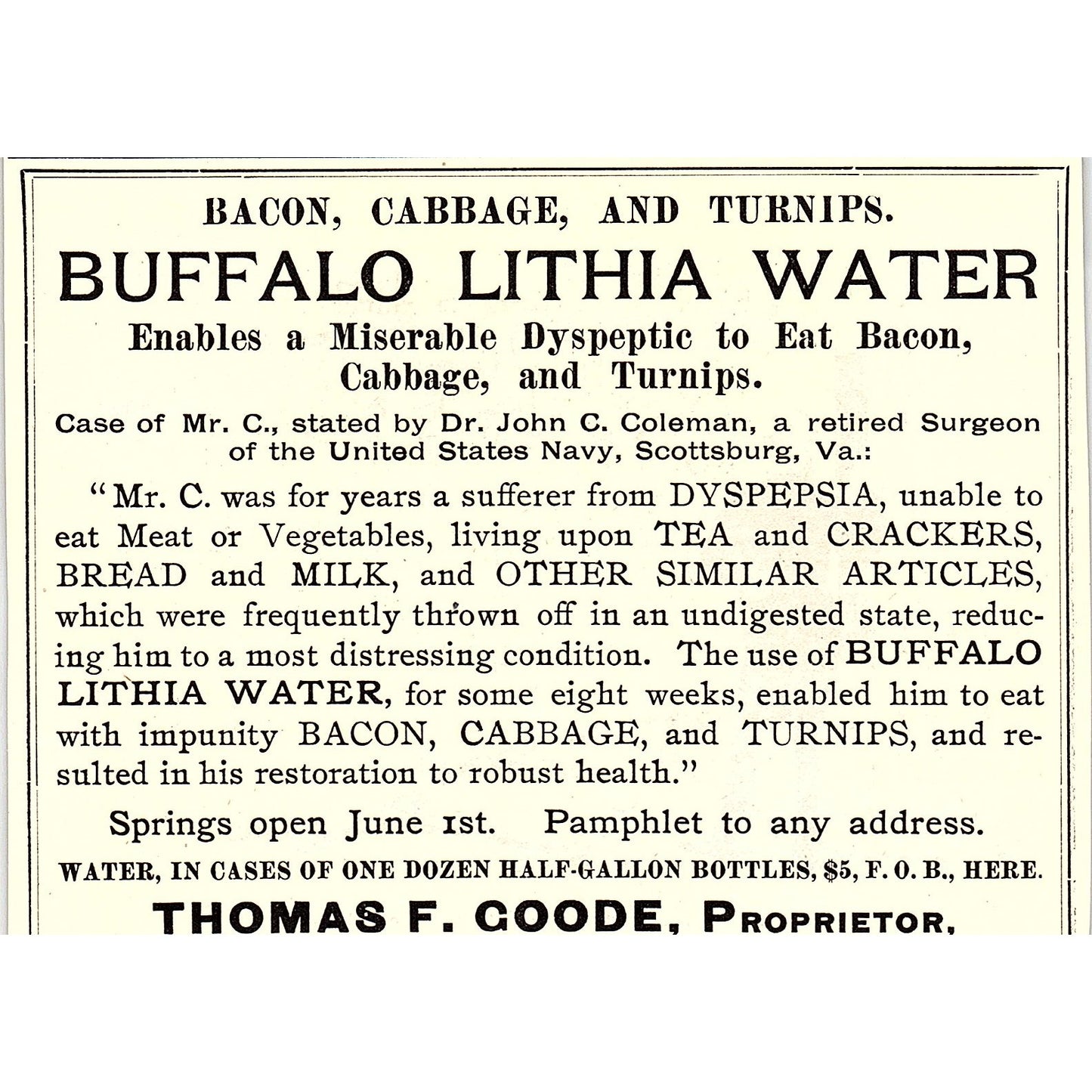 Buffalo Lithia Water Case of Mr. C. By George H. Pierce VA 1892 Ad AG2-H6