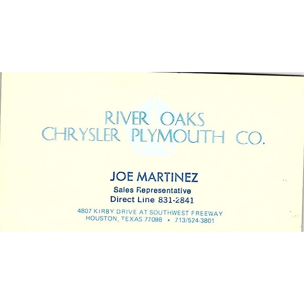 Joe Martinez River Oaks Chrysler Plymouth Houston Vintage Business Card SD9-B6