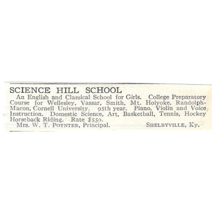 Science Hill School W.T. Poynter Shelbyville KY c1918 Advertisement AE5-SA4