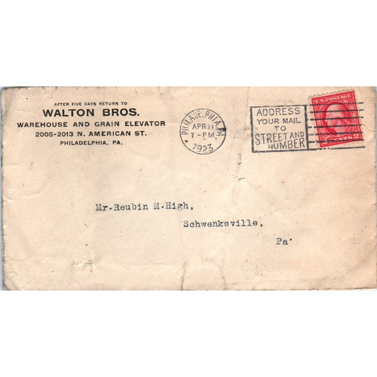 1923 Walton Bros Warehouse & Grain Elevator Phila Postal Cover Envelope TG7-PC3