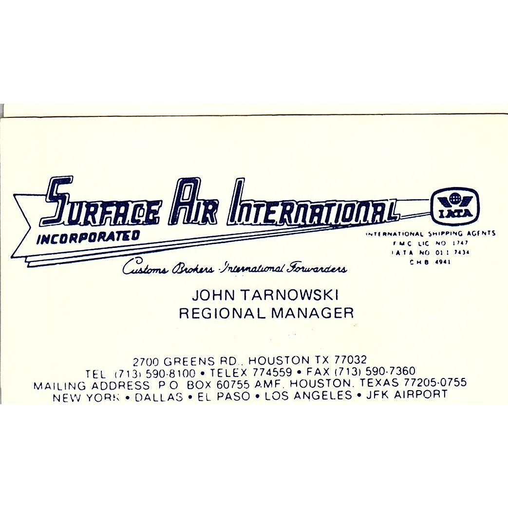 John Tarnowski Surface Air International Houston Vintage Business Card SC9-B2