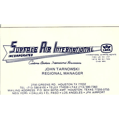 John Tarnowski Surface Air International Houston Vintage Business Card SC9-B2