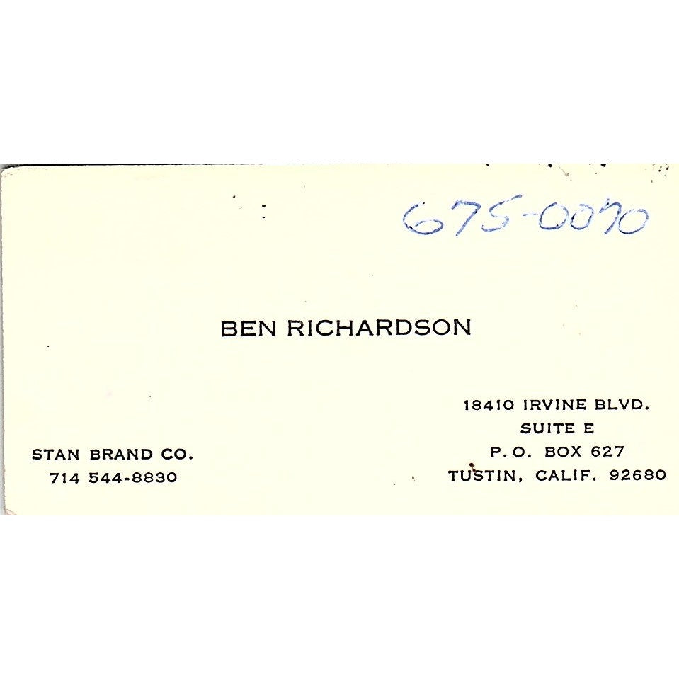 Ben Richardson Stan Brand Co Tustin CA Vintage Business Card SD9-B10