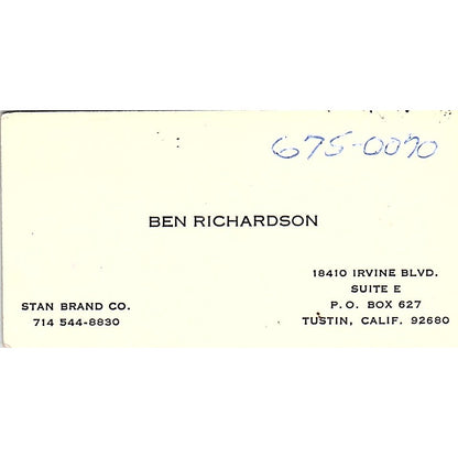 Ben Richardson Stan Brand Co Tustin CA Vintage Business Card SD9-B10