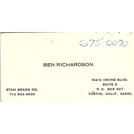 Ben Richardson Stan Brand Co Tustin CA Vintage Business Card SD9-B10