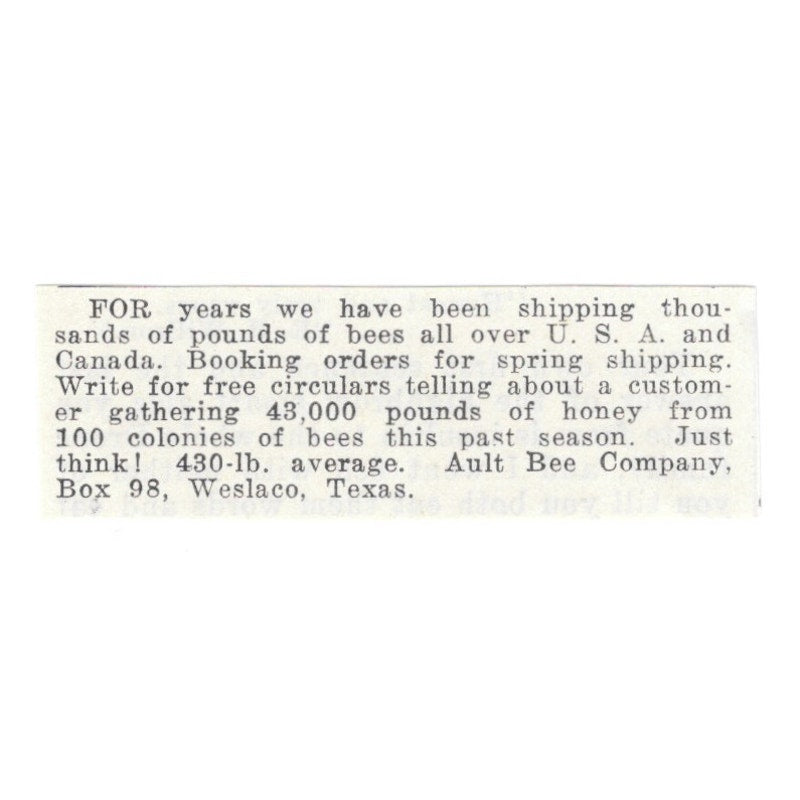 Ault Bee Company Weslaco Texas 1926 Ad AG3-S22