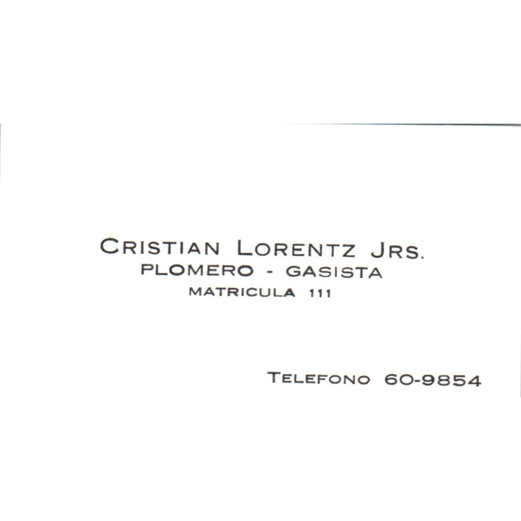 Cristian Lorentz Jrs Plomero Gasista Vintage Business Card SD8-B16