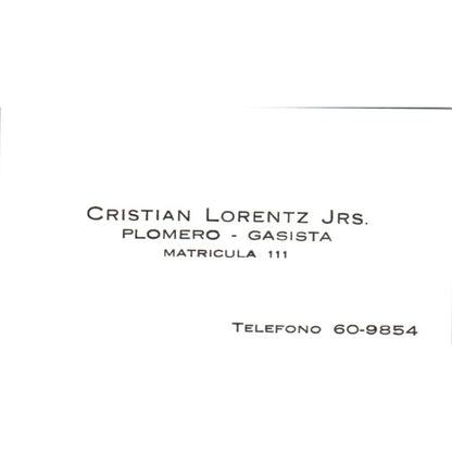 Cristian Lorentz Jrs Plomero Gasista Vintage Business Card SD8-B16