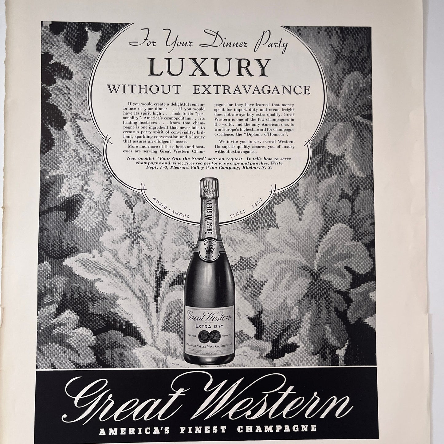 Great Western Champaign Pleasant Valley Wine Co Rheins NY 1935 Ad V1-4