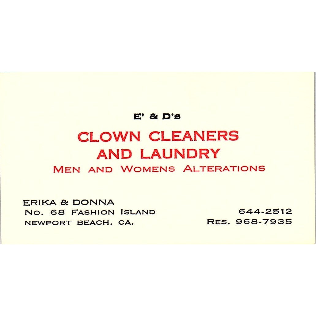 E & D Clown Cleaners & Laundry Erika Donna Newport CA Business Card SF3-B6