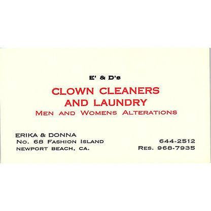 E & D Clown Cleaners & Laundry Erika Donna Newport CA Business Card SF3-B6