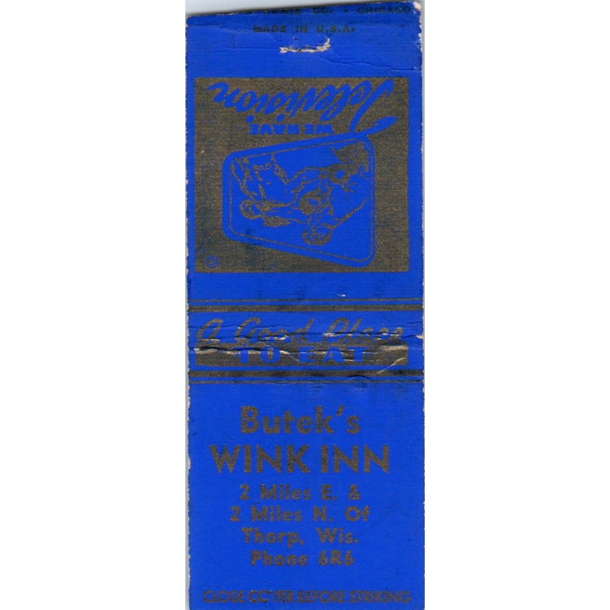 Butek's Wink Inn Thorpe Wisconsin Television Vintage Matchbook Cover SF4-Y1