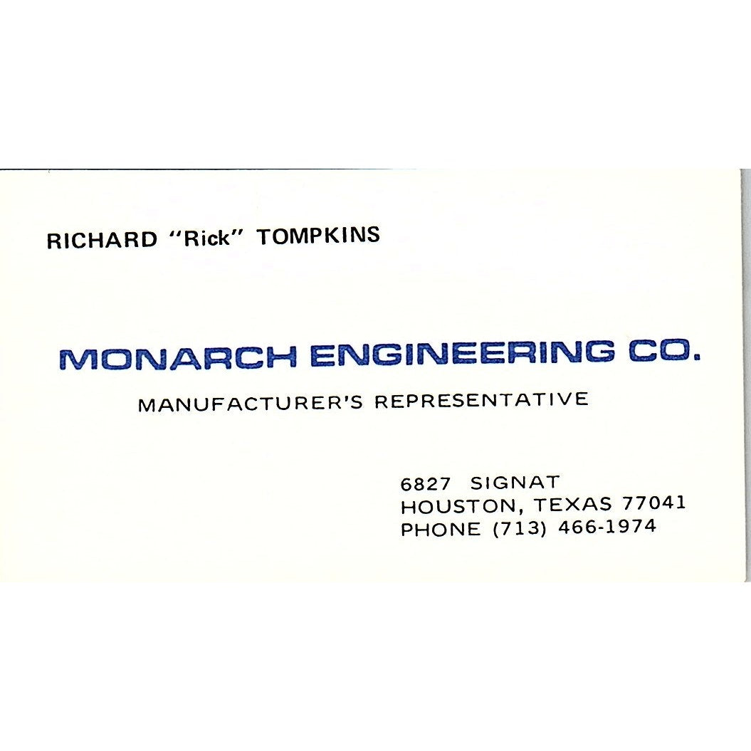 Monarch Engineering Co. Richard Rick Tompkins Houston TX Business Card SF3-B5