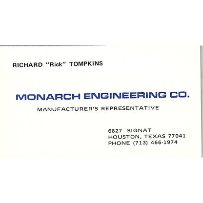 Monarch Engineering Co. Richard Rick Tompkins Houston TX Business Card SF3-B5