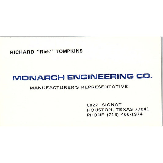 Monarch Engineering Co. Richard Rick Tompkins Houston TX Business Card SF3-B5