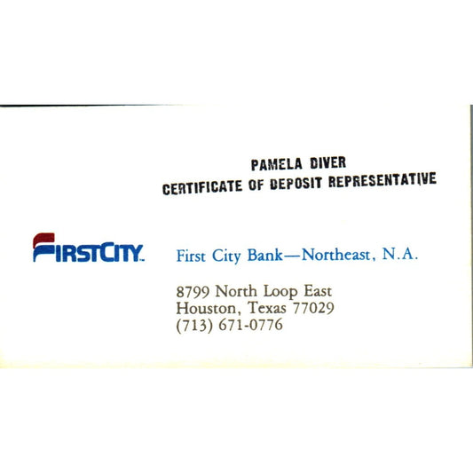 Pamela Diver First City National Bank of Houston Vintage Business Card SE3-B8