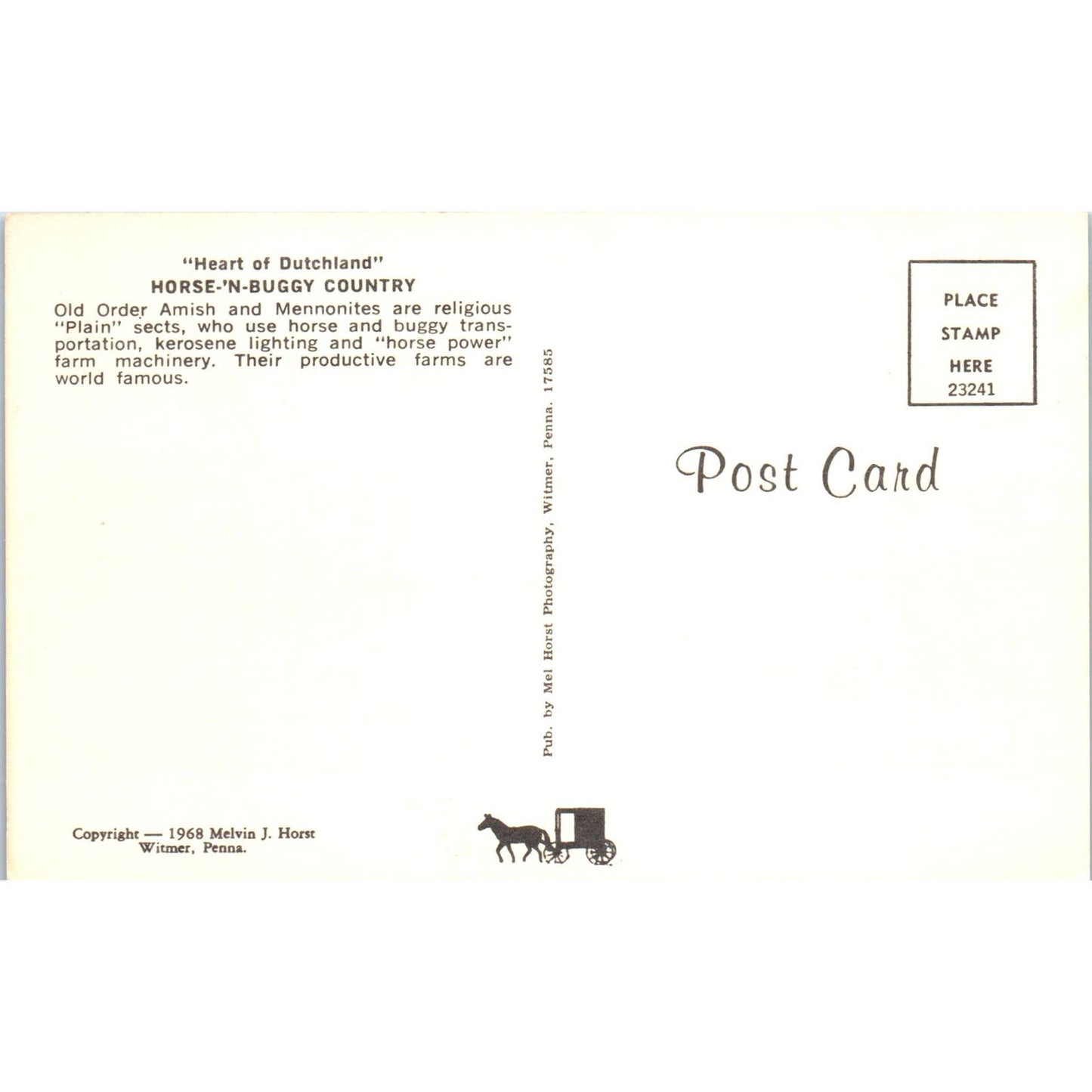 Amish Horse and Buggy Country Pennsylvania Dutch Country Postcard PD7
