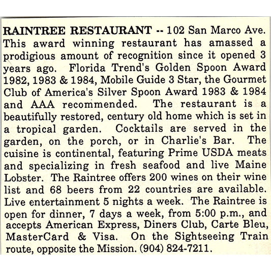 Raintree Restaurant San Marco Ave St. Augustine FL 1989 Ad AF9-M1