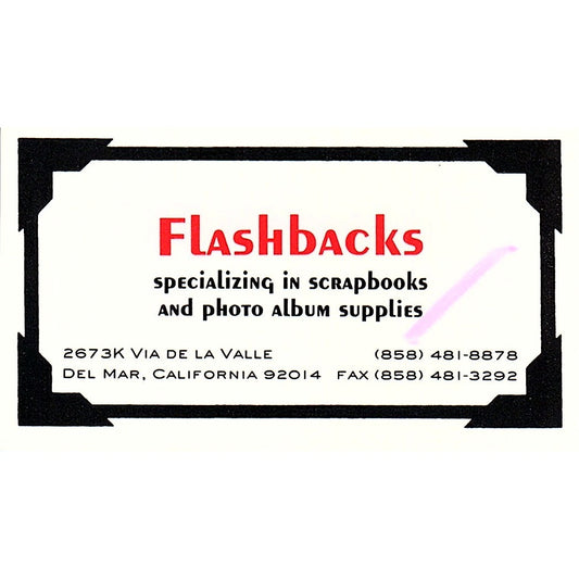 Flashbacks Scrapbooks Photo Album Supplies Del Mar CA Vtg Business Card SC9-B11