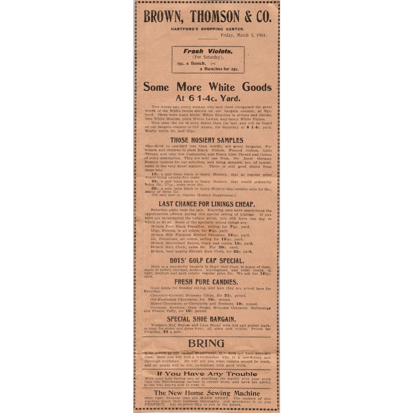 Brown, Thomson & Co Shopping Center Hartford 1901 Newspaper Ad AD8-H1