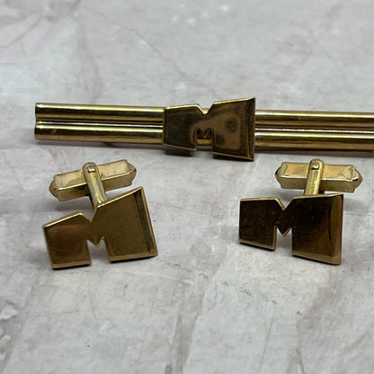 Swank MCM Mod Initial Monogram "M" or "W" Gold Tone Cufflinks & Tie Bar Sete SE5