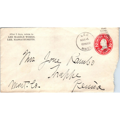 1912 Lee Marble Works MA to Jane J. Rambo Trappe Postal Cover Envelope TG7-PC2
