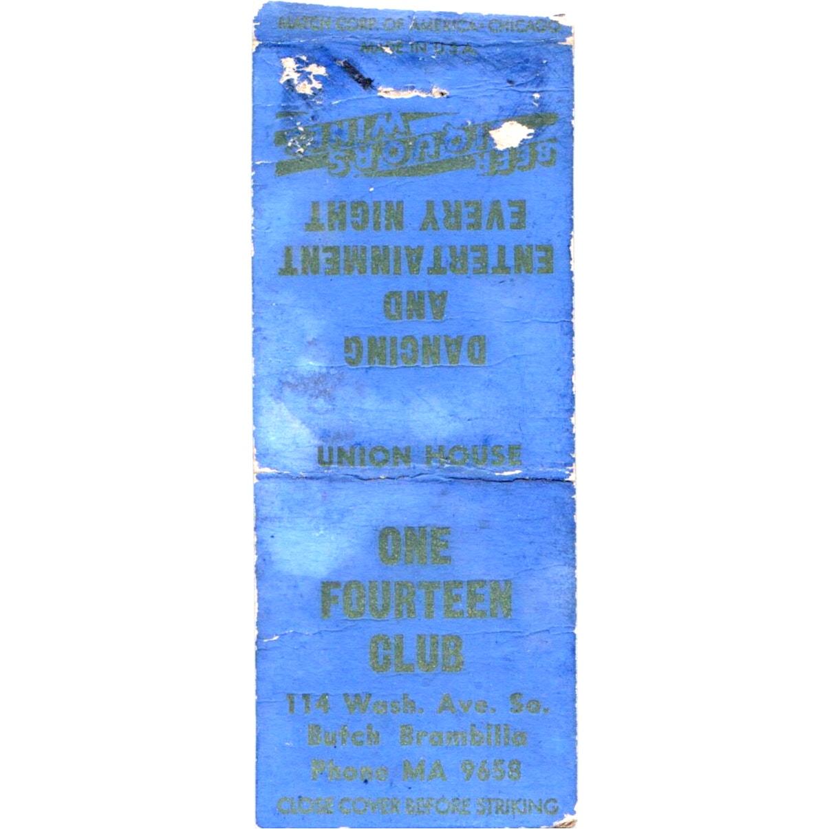 One Fourteen Club Butch Brambilla Wabash Ave Vintage Matchbook Cover SD2-Y4