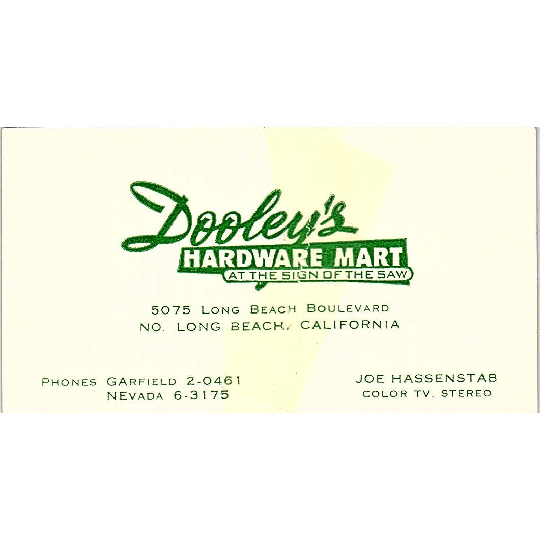 Dooley's Hardware Mart Joe Hassenstab Long Beach CA Vintage Business Card SB4-B8