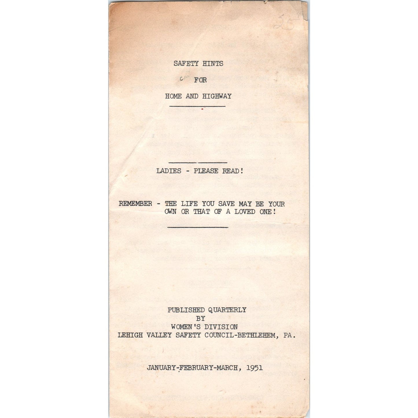 1951 Lehigh Valley Women's Safety Council Bethlehem PA Safety Leaflet AE5