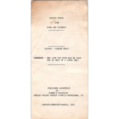 1951 Lehigh Valley Women's Safety Council Bethlehem PA Safety Leaflet AE5