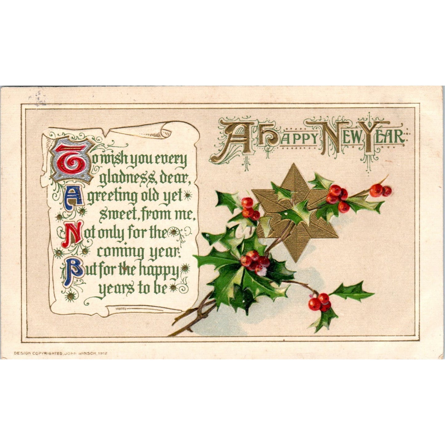 1913 New Year's Poem John Winsch Back Original Postcard PC9