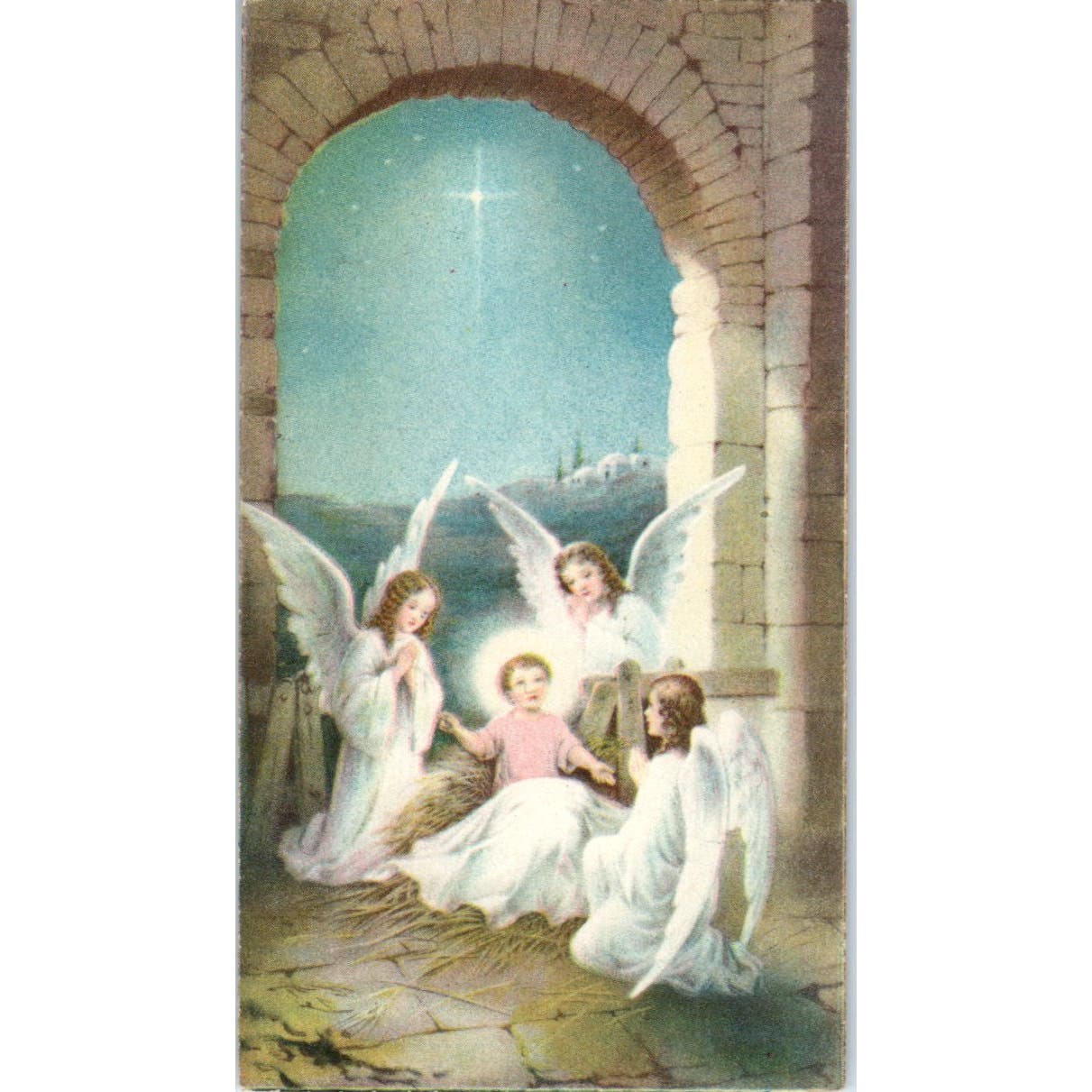 1939 Prayer Card Baby Jesus in the Manger with Angels Isola Art Co. NY AB9