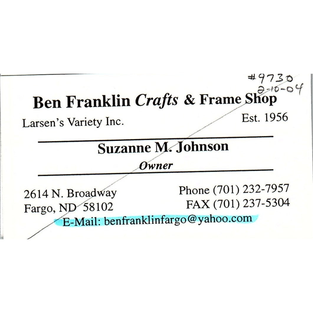 Ben Franklin Crafts & Frame Shop Suzanne M Johnson Fargo Business Card SC9-B11