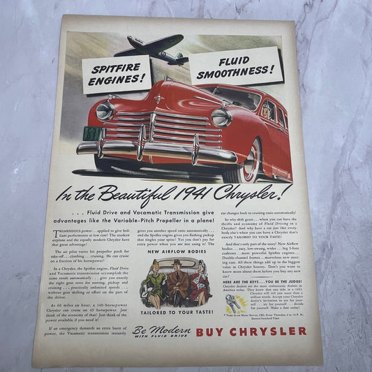 1941 Chrysler Airflow Bodies Fluid Drive Spitfire Engines 1940 Ad V14-8