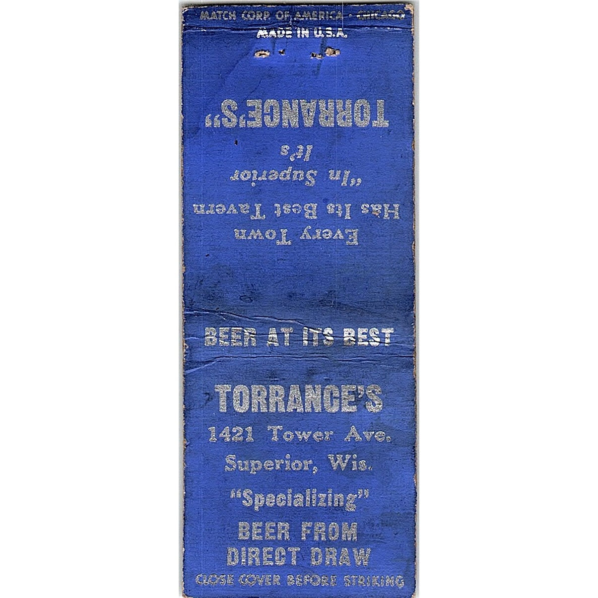 Torrance's Tavern Tower Ave Superior WI Vintage Matchbook Cover SC7-Y6
