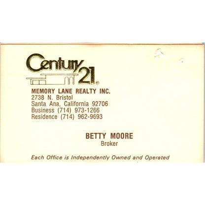 Betty Moore Memory Lane Realty Century 21 Santa Ana Vintage Business Card SD4-B5
