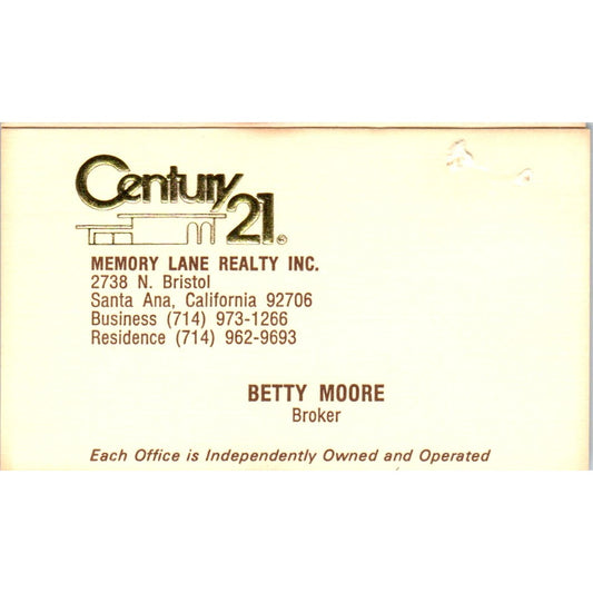 Betty Moore Memory Lane Realty Century 21 Santa Ana Vintage Business Card SD4-B5