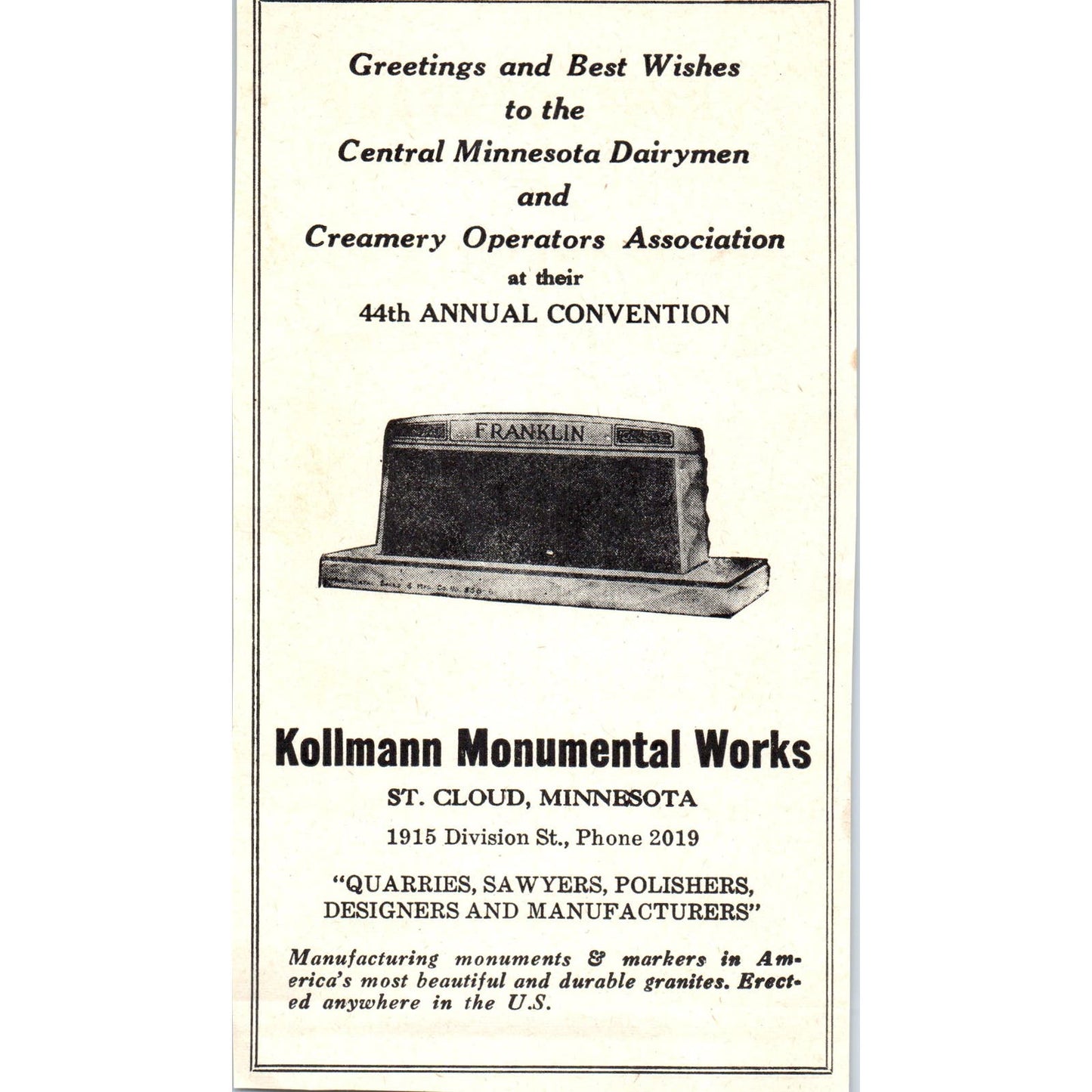 Kollmann Monumental Works St. Cloud, Diversey Corp Minneapolis 1953 Ad AE9-DC2