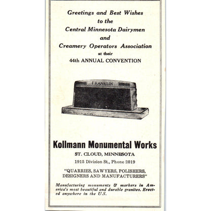 Kollmann Monumental Works St. Cloud, Diversey Corp Minneapolis 1953 Ad AE9-DC2