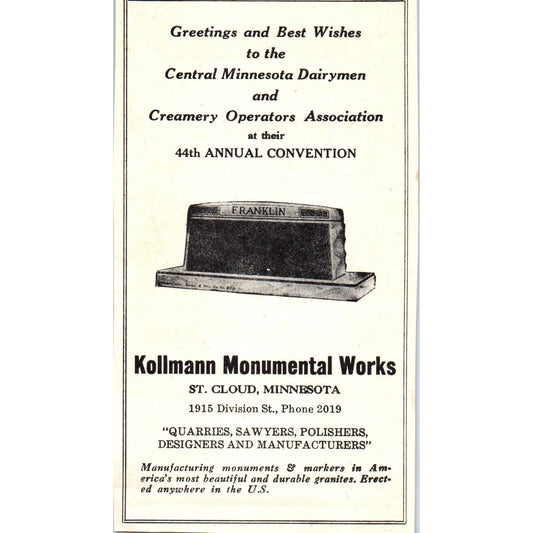 Kollmann Monumental Works St. Cloud, Diversey Corp Minneapolis 1953 Ad AE9-DC2