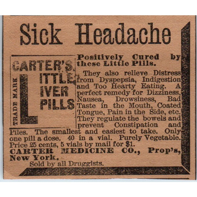 Carter Medicine Co Little Liver Pills NY Hartford 1886 Newspaper Ad AF7-E5