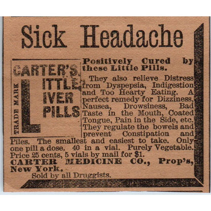 Carter Medicine Co Little Liver Pills NY Hartford 1886 Newspaper Ad AF7-E5