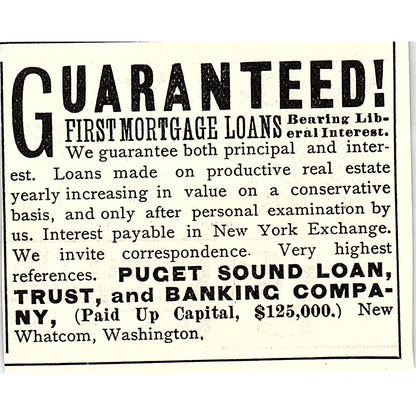 Puget Sound Loan Trust & Banking Company Whatcom WA 1892 Ad AG2-S25
