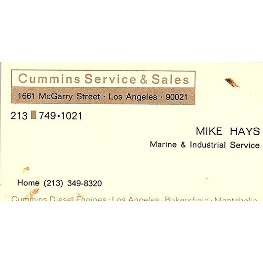 Mike Hays Cummins Service & Sales Long Beach Vintage Business Card SD9-B11