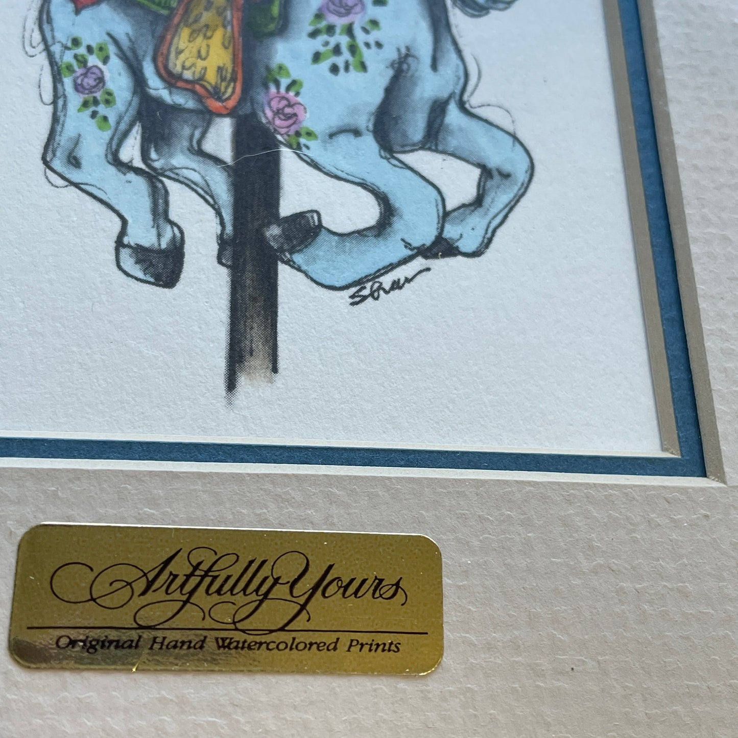 Blue Carousel Horse 5x7 Matted Print Hand Watercolor, Signed Shar Coulson