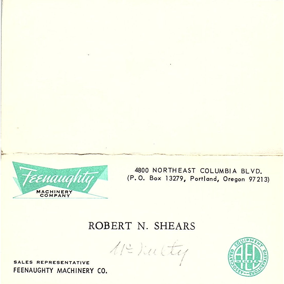 Fearnaught Machinery Co. Robert N. Shears Portland Oregon Business Card SB4-B4