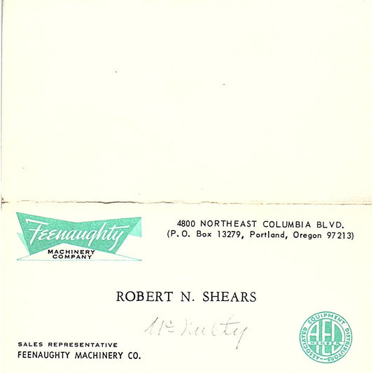 Fearnaught Machinery Co. Robert N. Shears Portland Oregon Business Card SB4-B4