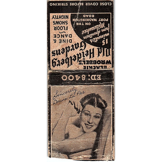 Blackie Wrobbel's Old Heidelberg Gardens Donna Lu Pae Pinup Matchbook SC7-Y11