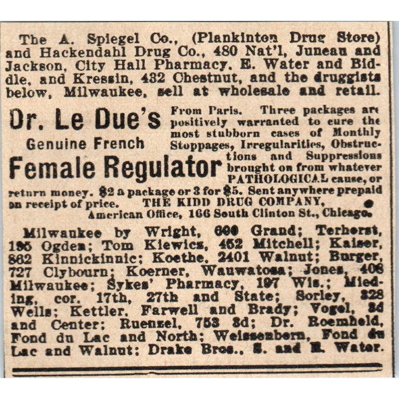 Dr. Le Due's French Female Regulator Milwaukee 1898 Newspaper Clip AF7-SS9