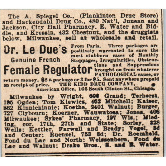 Dr. Le Due's French Female Regulator Milwaukee 1898 Newspaper Clip AF7-SS9